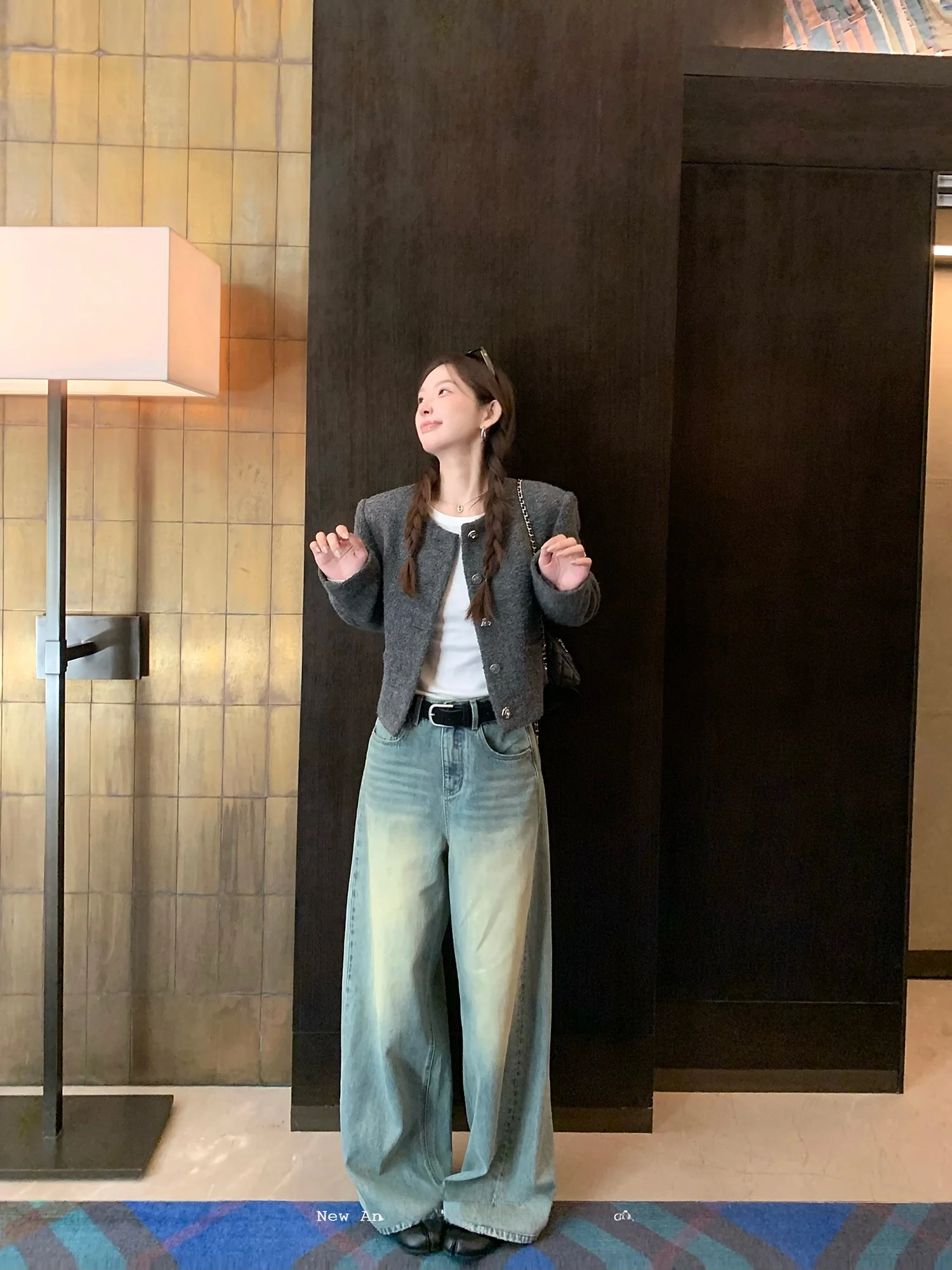 

Синие винтажные джинсы из денима для женщин, свободные, прямого кроя, осень 2025, с высокой талией, без стрейча, на молнии