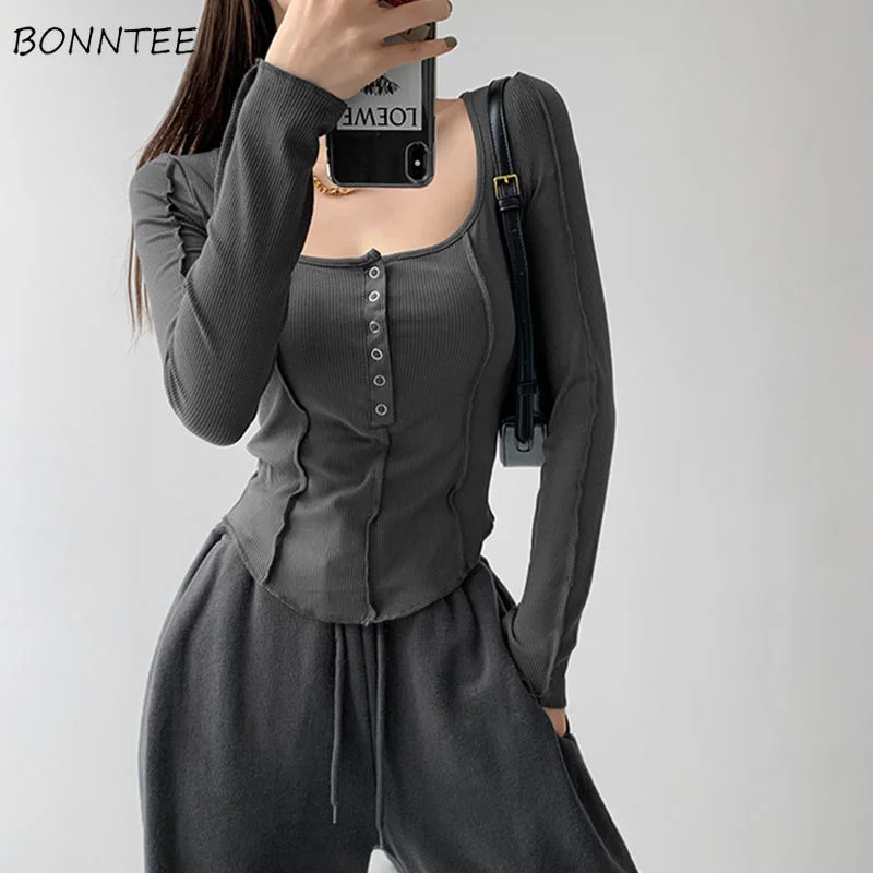 T-shirty damskie Skinny Inside Korean Fashion wiosna seksowne damskie codzienne z długim rękawem minimalistyczna prosta w jednolitym kolorze