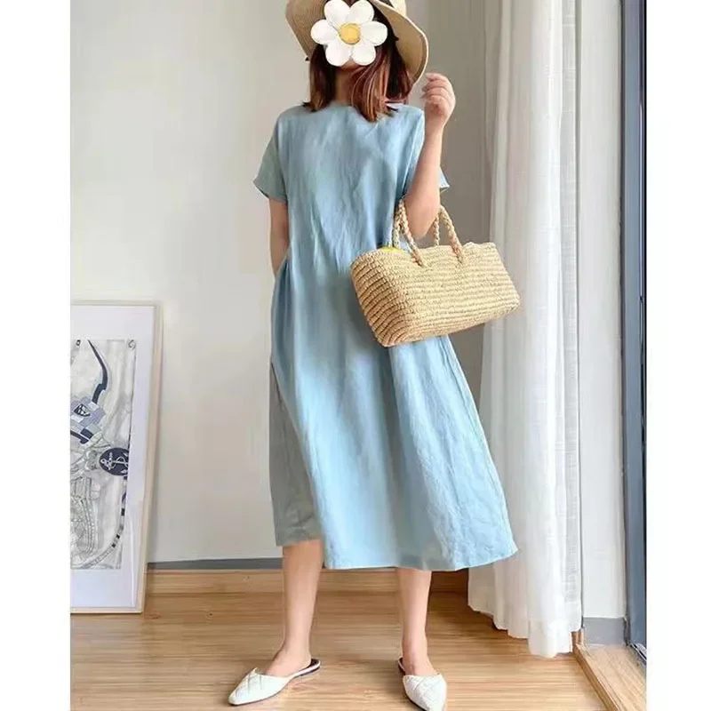Fashion O-Neck Solid Color Folds Short Sleeve Casual Dresses Women's Clothing 2024 Summer New Oversized Loose Long Dress image 6