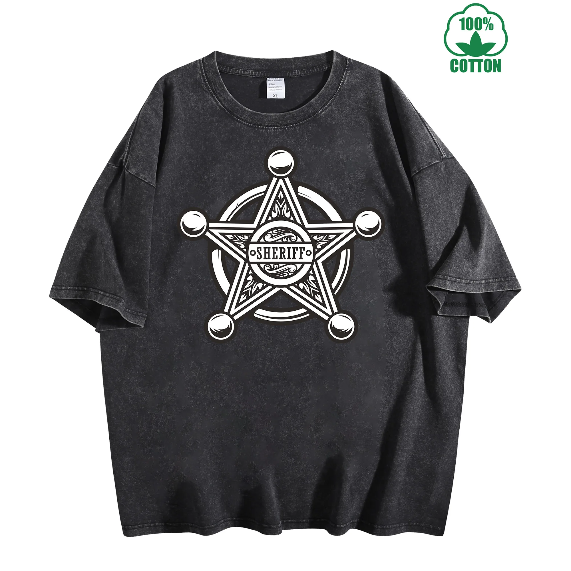 تي شيرت ويسترن شريف فينتاج مغسول 230 جرام 100% قطن مريح كبير الحجم ملابس الشارع للجنسين