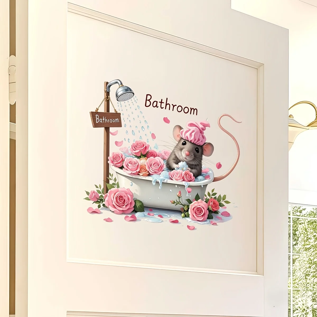 1pc Bathing Mouse Bathroom Wall Sticker, Self-Adhesive Decorative Sticker, Suitable for Bathroom Door, Toilet, Kids Room