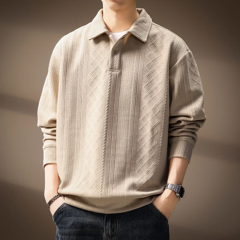 

Высококачественный жаккардовый свитер с длинными рукавами в ромбовидной клетку, мужская свободная текстурированная рубашка поло с лацканами