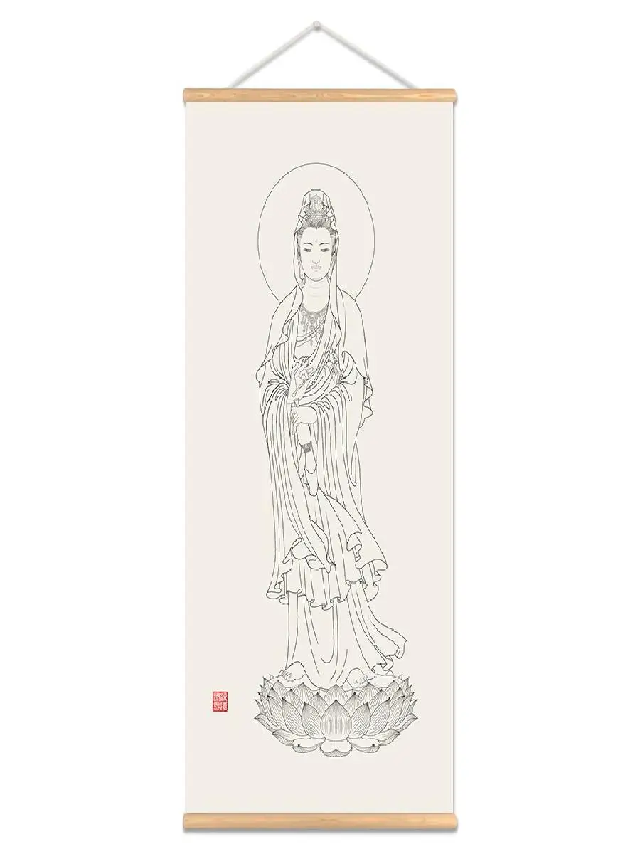 Avalokitesvara Bodhisattva Scroll Painting With Wooden Hanger  Thangka Buddhism Religious Wall Art Scroll Canvas Poster Picture