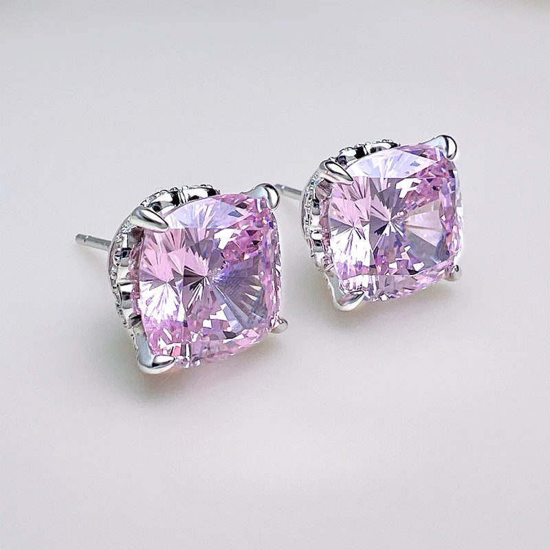 5 Carat Cherry Blossom Pink Diamond S925 Silver Earrings Imported High Carbon Diamond Fat Square Earrings Engagement Jewelry