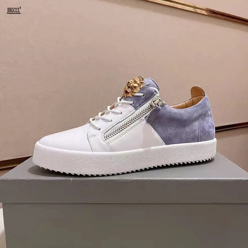 

Men's shoes metal zipper top layer of cowhide luxurious sport fashion casual style sneakers men and women large size shoes 4