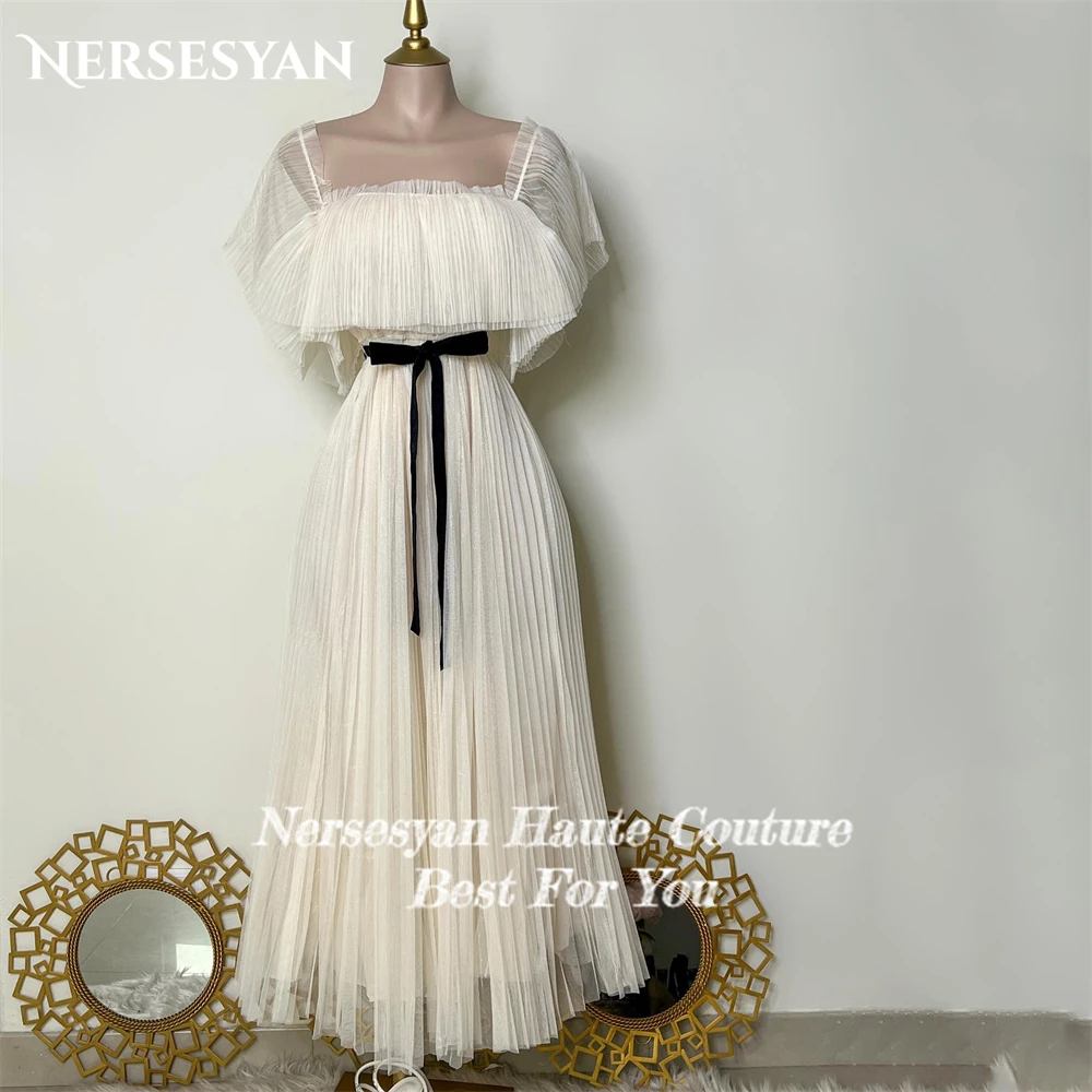 Nersesyan Elegant Solid Wedding Dresses Ruched Strapless A-Line Pleats Bridal Gowns Backless Short Flare Sleeves Bride Dress