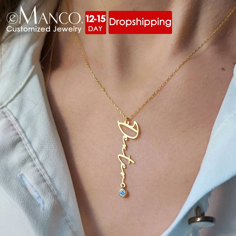 eManco Stainless Steel Alphabet Pendant Customized Name Necklaces Shiny Birthstone Necklace Ladies Jewelry Gifts