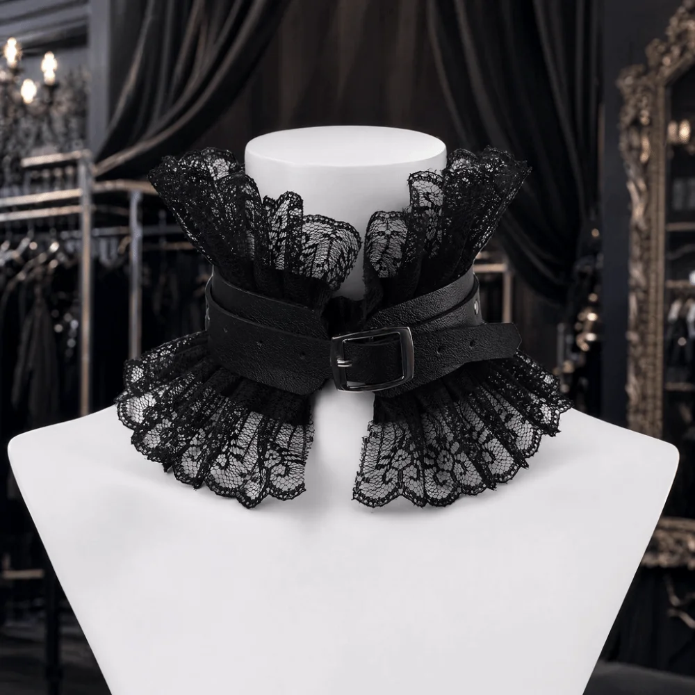 Black Red Color Pu Leather Choker Ruffled Floral Lace Vintage Style Lace Lolita Choker Adjustable Chunky Gothic Neck Ruff
