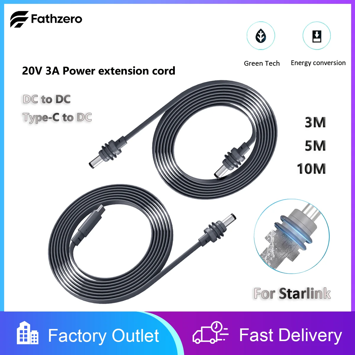 

Universal Type C to DC Power Extension Cord 3-10M Waterproof Flat Wire Cable High Strength Durable Outdoor Cord Made for Starlin