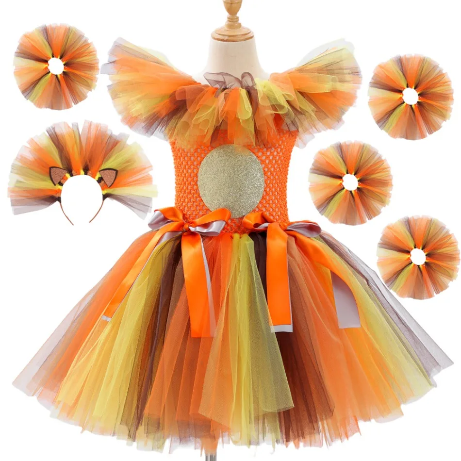Disfraz de Rey León para niñas, tutú para fiesta de vacaciones, vestidos de princesa, disfraz de Animal elegante, disfraz de Carnaval y Halloween para niños, conjunto de ropa