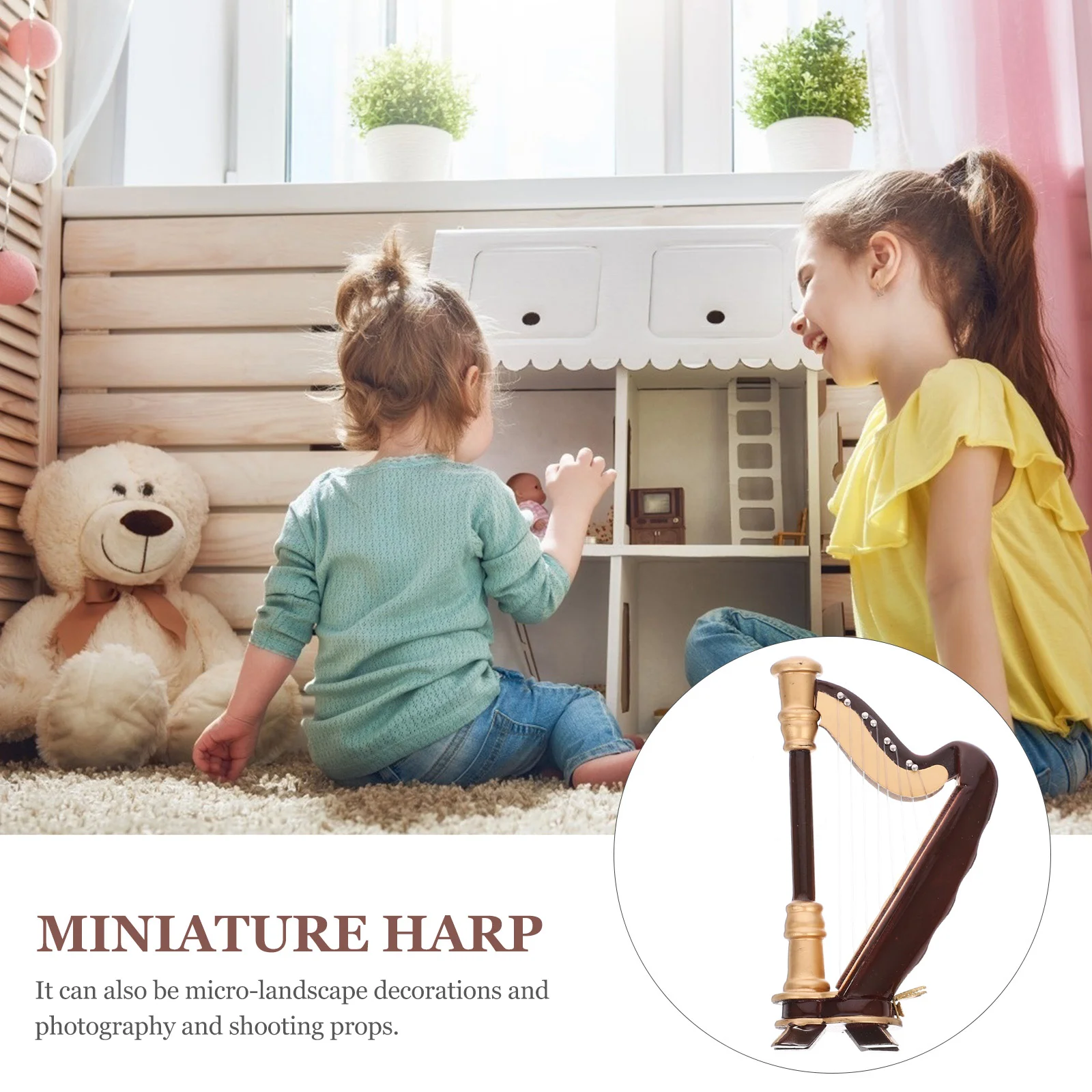 Mini Harp Kid Furniture Musical Instrument Replica Miniture House Figurine Childrens Toys with Case Wooden Model Miniature Baby