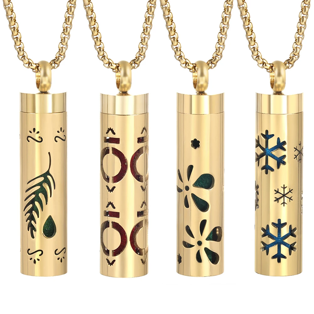 

New Aromatherapy Diffuser Necklace Golden Pattern Stainless Steel Essential Oil Diffuser Lockets Neutral Pendant Trendy Jewelry