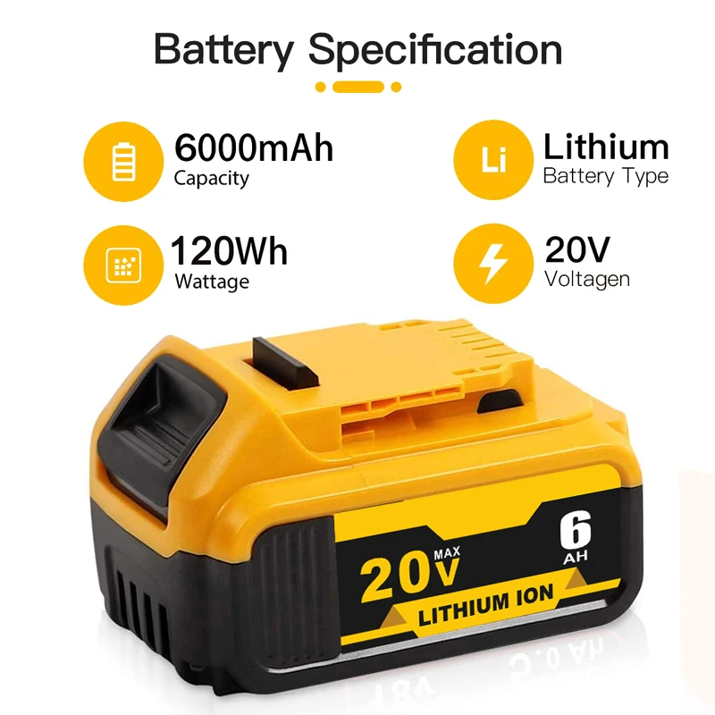 Batería de ion de litio de 6,0ah, repuesto para Dewalt de 18V, DCB180, DCB201, DCB204, DCB205, DCB206, DCB185, 20V