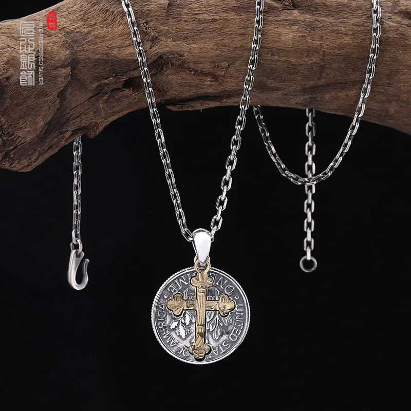 

Punk s925 Sterling Silver Vintage Double Sided Cross Pendant Personalized European and American Coin Necklace Men's Trendy Neckl