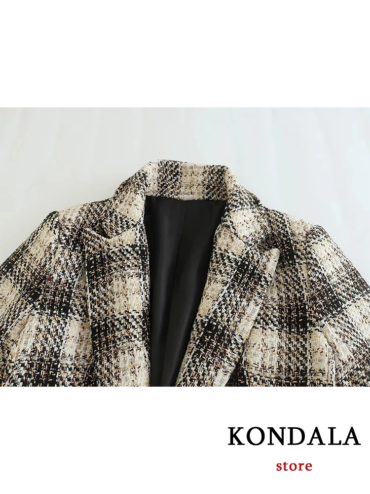 KONDALA Office Lady Plaid Twist Blazer Women V Neck Pocket Oversized Long Jackets Fashion 2024 Vintage Female Blazer Stylish Top