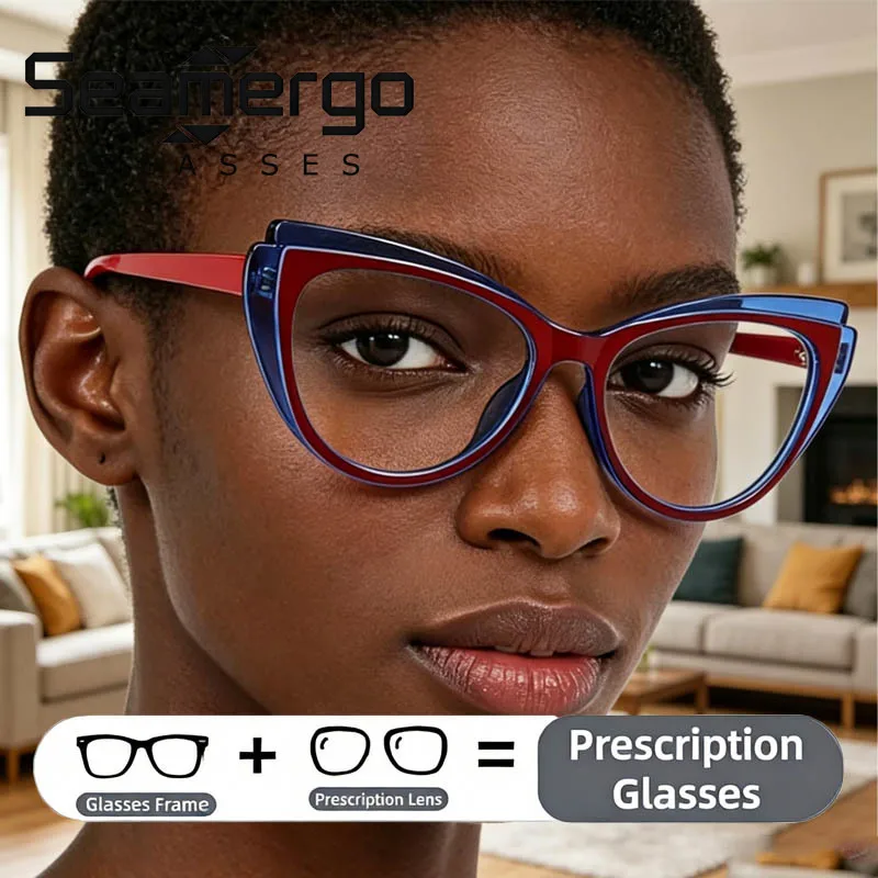 

SEAMERGO Women Cat Eye Hyperopia Ultralight Large Customized Reading Glasses Vintage Computer Eyewear Prescription Glasses