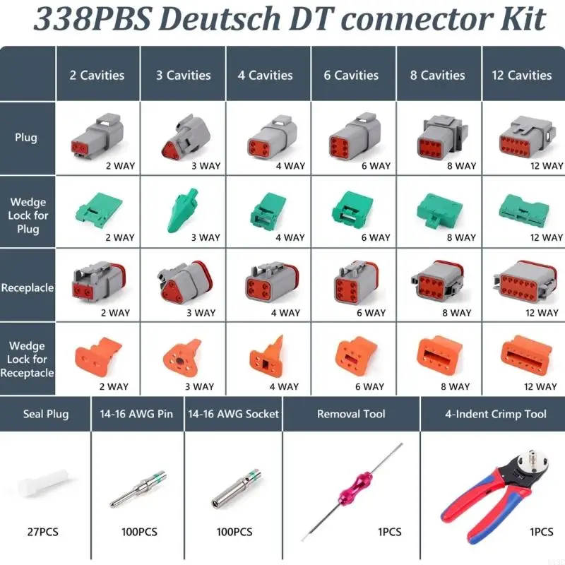 U13C 338Pcs Deutsch Connector with Crimper  2 3 4 6 8 12 Pin Connector with Deutsch Crimping Tool(14-20AWG)