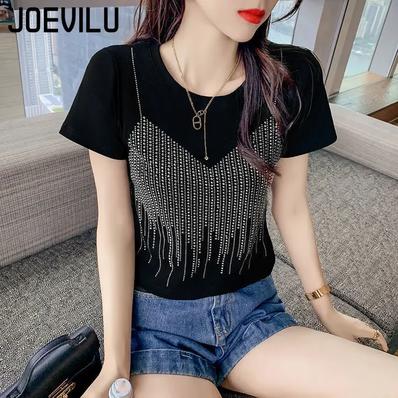 Diamond Short Sleeve T Shirt Female Slim Fit Fake Two Shiny Round Neck Top Summer Casual Aesthetic Y2k Tee Korean Kawaii Clothes