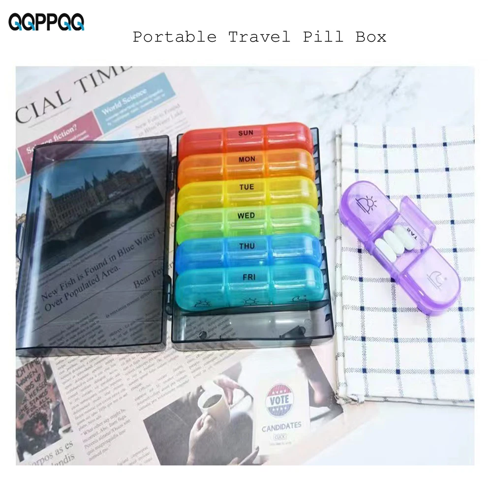 Portable Travel Pill Box 7 Days Large Compartments for Vitamins Medicine Eating At Time Weekly Pill Organizer Case 2 Times A Day