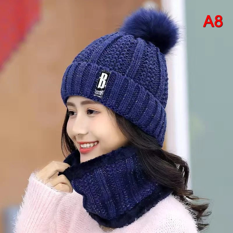 Winter Knitted Scarf Hat Set Thick Warm Skullies Beanies Hats for Women Outdoor Cycling Riding Ski Bonnet Caps Tube Scarf