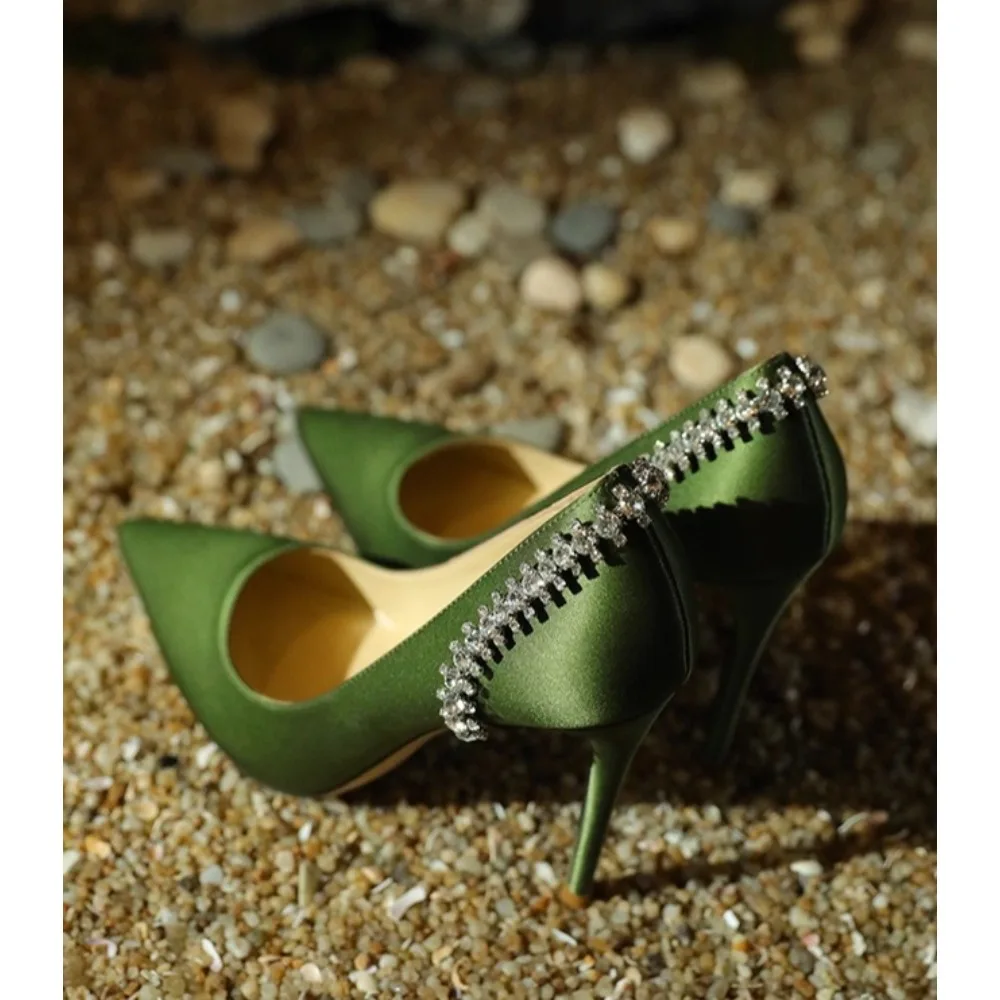 

Elegant Green Satin High Heels 2025 New French Style Pointed Toe Shoes for Women