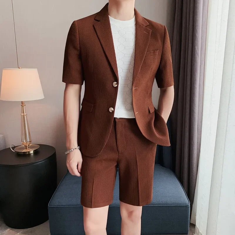 (Jacket+Shorts) Korean New Style Men In The Summer Leisure Short Sleeve Suits/Male Design Slim Fit Fashion Blazers Men S-4XL