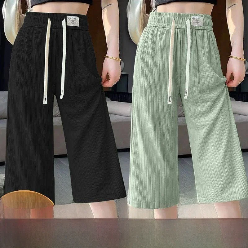 Ice Silk Cuffed 7/8 Length Pants Women's Summer Loose Wide Leg High Waist Drapey Straight Casual Shorts Polyester Fiber