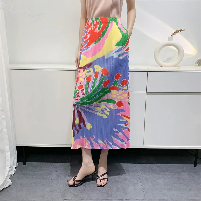 

YUIDX 2024 Spring Summer New Half-skirt Women's Printed Pleated Skirt Fashion Casual Versatile High-waisted A-type Skirt In Long