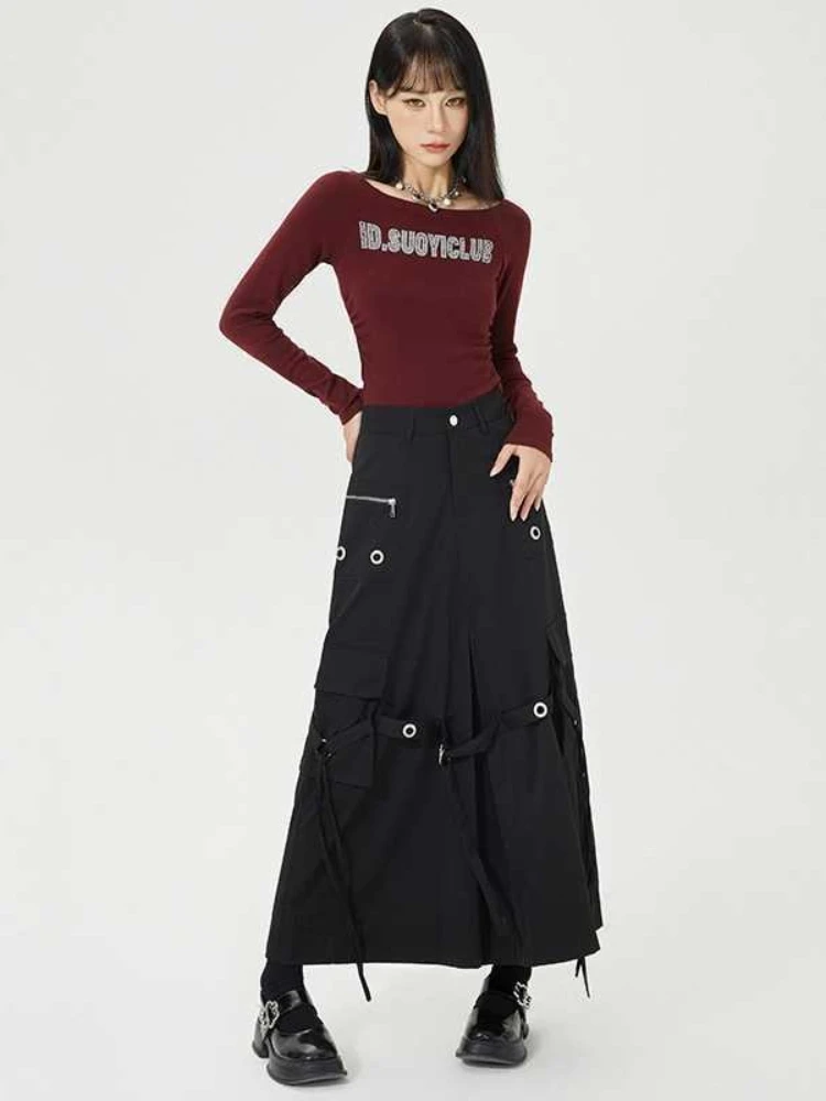 

Осенняя юбка, черные металлические пуговицы, длинная юбка-карго с высокой талией, уличная одежда Y2K, американский стиль, сексуальный гранж, военный минималистский стиль