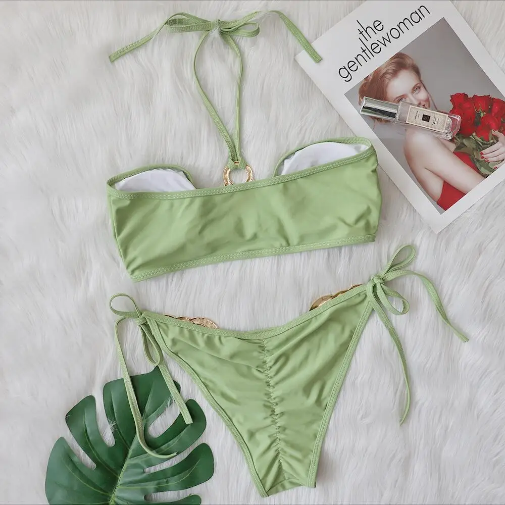 ملابس للسيدات موضة 2022 طقم بكيني معدني وأخضر بحمالة صدر مثيرة ملابس سباحة نسائية بكيني ملابس سباحة نسائية بكيني #6