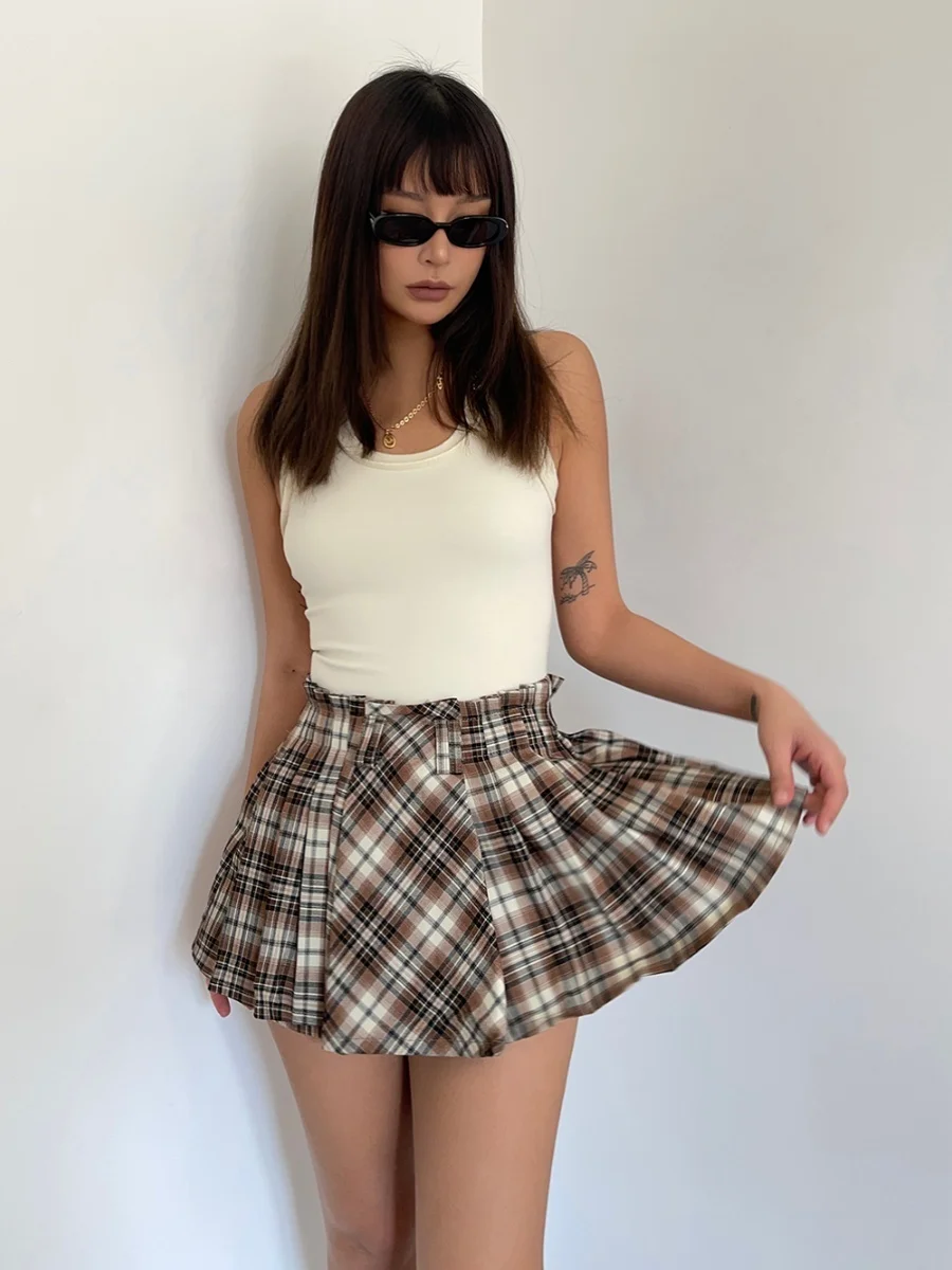 Summer Spicy Girl Fashion Checkered High Waist Skirt Women Irregular Academy Style Small A-Line Hundred Pleated Short Skirt F020