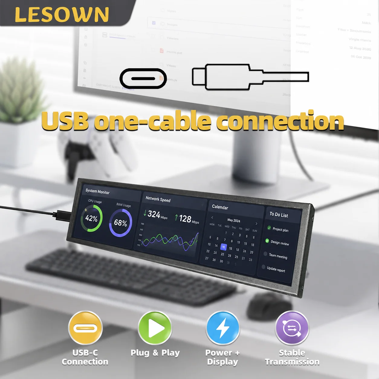 LESOWN Type-C HDTV Touch Sub-screen  8.8" Easy Setup Black Aluminum Computer Host CPU GPU RAM Monitor Panel