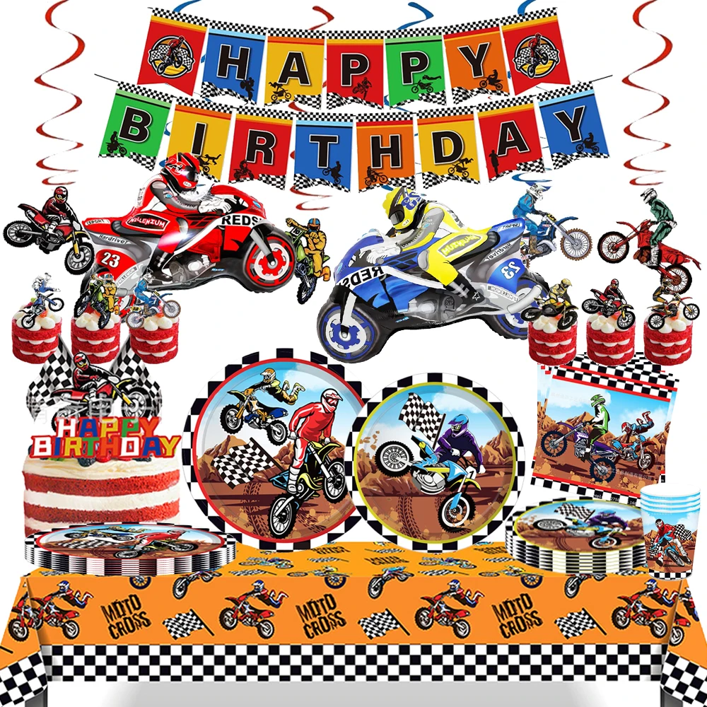 Dirt Bike Geburtstag Party Dekor alles Gute zum Geburtstag Banner Geschirr Motorrad Luftballons Pappteller Tassen Servietten Jungen Geburtstagsgeschenk – Detail 1