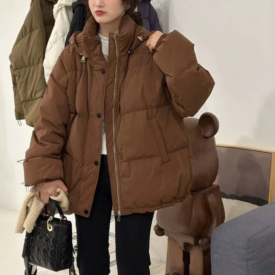 

Stand-up Collar Hooded Zip-up Loose Women's Cotton-padded Coat New Winter Style 2026 Thickened Outerwear Jacket
