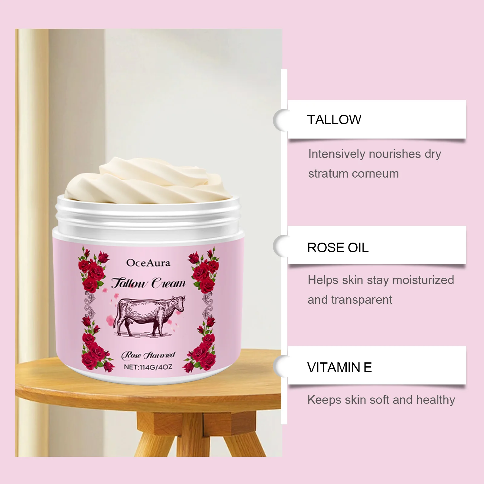 Rose Tallow Body Cream Deeply Moisturizes and Nourishes Relieves Dryness Improves Keratin Build-up Dullness Brightens Skin Care