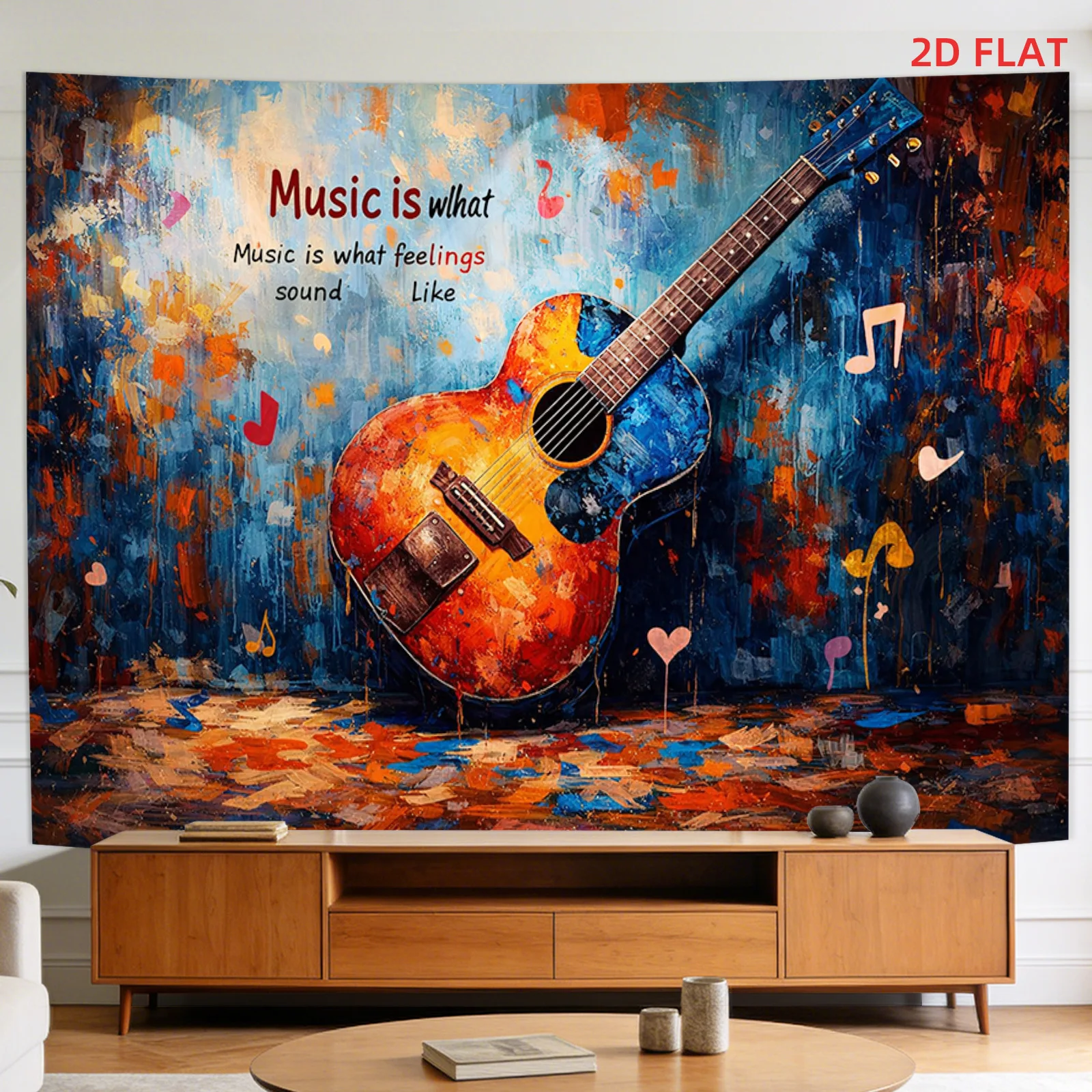 Abstract Guitar Tapestry, Colorful Music Note Wall Hanging, Oil Painting Style Dorm Decor, Vintage Instrument Art Cloth, Bedroom