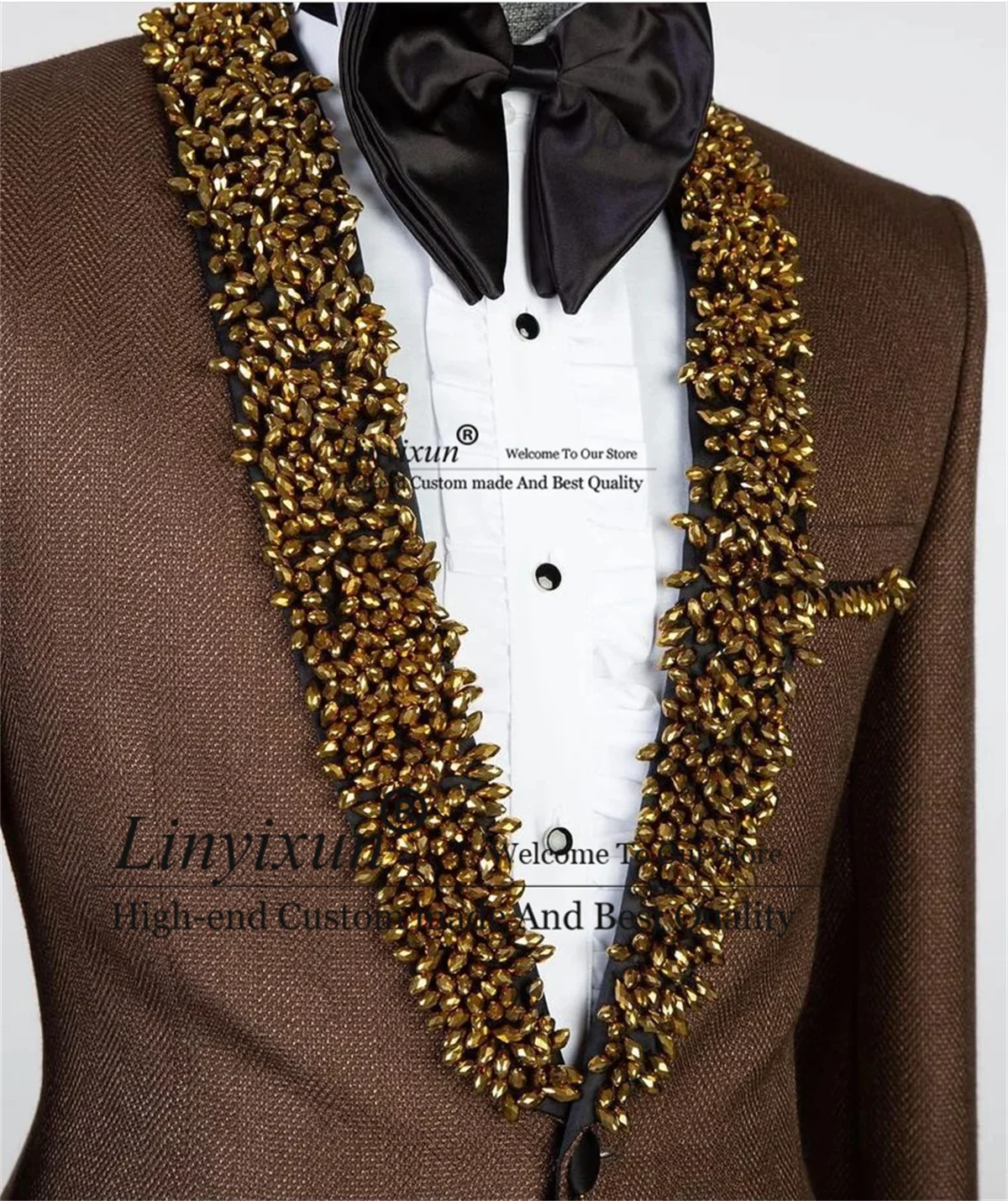 Brown Gold Crystals Beaded Groom Tuxedos Shawl Lapel Men Suits 2 Pieces Sets Male Blazers Pants Outfit Terno Masculino Completo