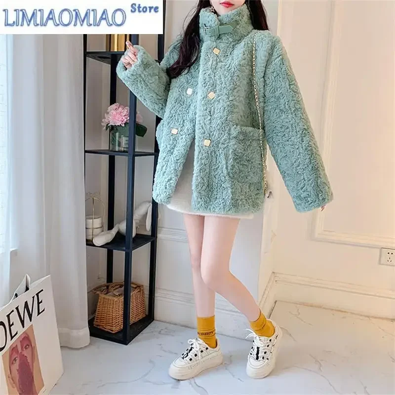 New Thick Imitate Fur Jacket Female Autumn Winter Style Korean Loose Wild Lamb Hair Short Coat Green Button Outwear