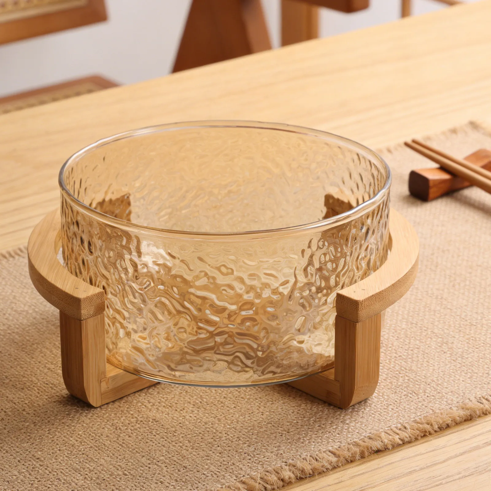 1Set Glass Salad Bowl Set Clear Ripple Design with Bamboo Stand Salad Serving Mixing Bowl Pasta Fruit Vegetable Kitchen Table