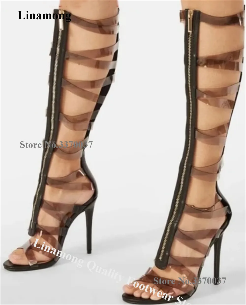 

Linamong Transparent Straps Cross Stiletto Heel Knee High Gladiator Boots Open Toe Black Beige Zipper-up Thin Heel Sandal Boots