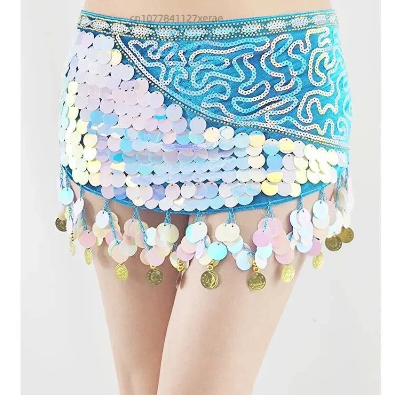 

New Belly Dance Sequins Tassel Hip Scarf Skirt Velvet Hanging Coin Waist Scarf Copper Gong Piece Waist Skirt Dance Performance