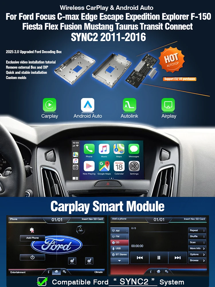 AUTOTOP Kabelloser Apple CarPlay Android Auto Decoder Box für Ford SYNC 2 Focus Kuga Mondeo C-Max S-Max Galaxy Mustang Edge Explorer Original-Bildschirm Nachrüst-Interface AirPlay MirrorLink Bluetooth