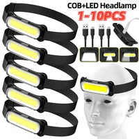 1-10PCS COB LED Headlamp Flashlight 3 Modes Built-in Battery USB Rechargeable Head Torch for Outdoor Camping Fishing Headlight