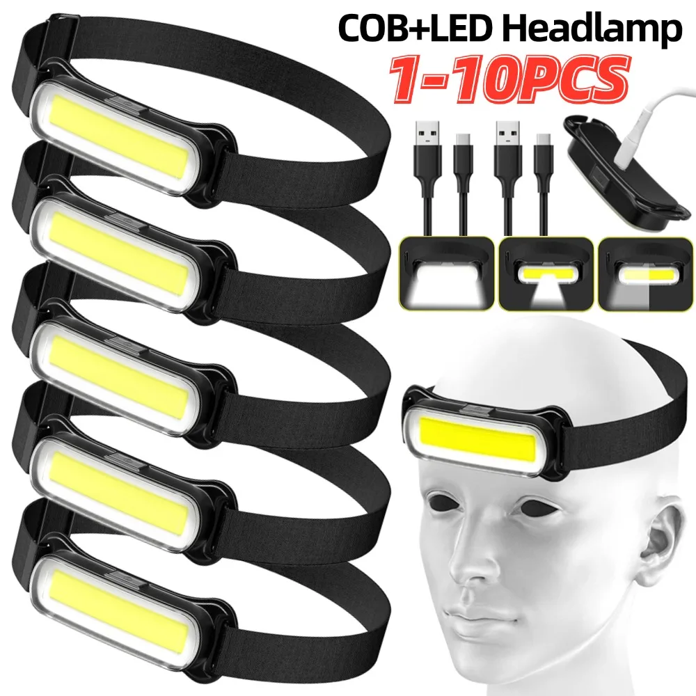 1-10PCS COB LED Headlamp Flashlight 3 Modes Built-in Battery USB Rechargeable Head Torch for Outdoor Camping Fishing Headlight