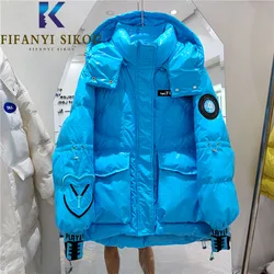 2022 Winter Jacket Women Letter Embroidery Fashion Glossy Hooded Down Jackets Short Parkas Big Pocket Loose Cotton Coat Female