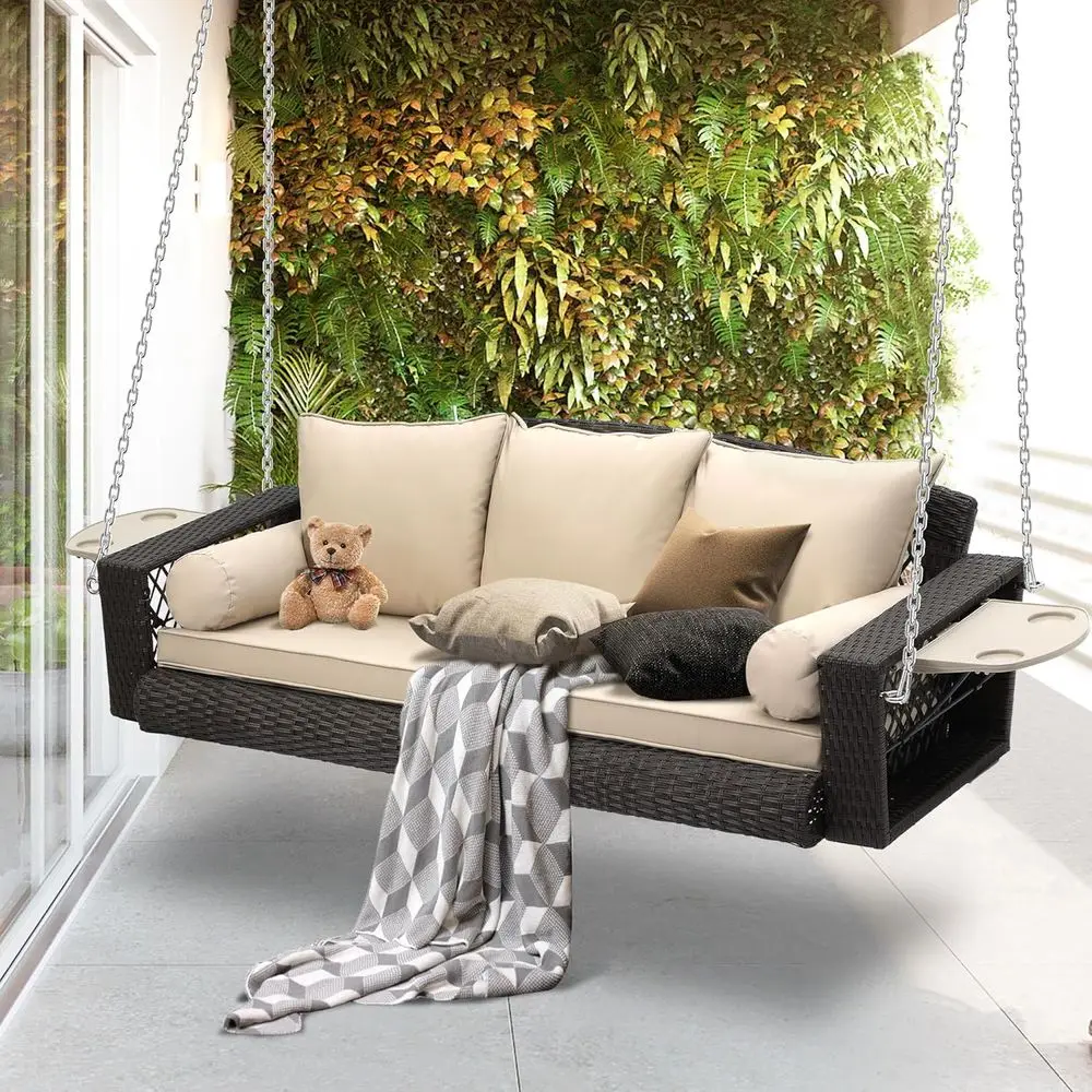 

3-Person Outdoor Wicker Swing with Hanging Seat and Cushion for Porch, Deck, or Garden (Brown Rattan Khaki)