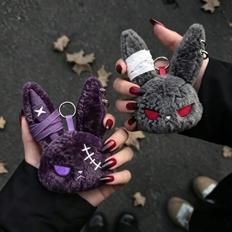 Multipurpose Gothic Dark Bunny Plush Keychain Bandage Hurt Rabbit Pendant Cute Backpack Decor for Key Phone Bag Hang
