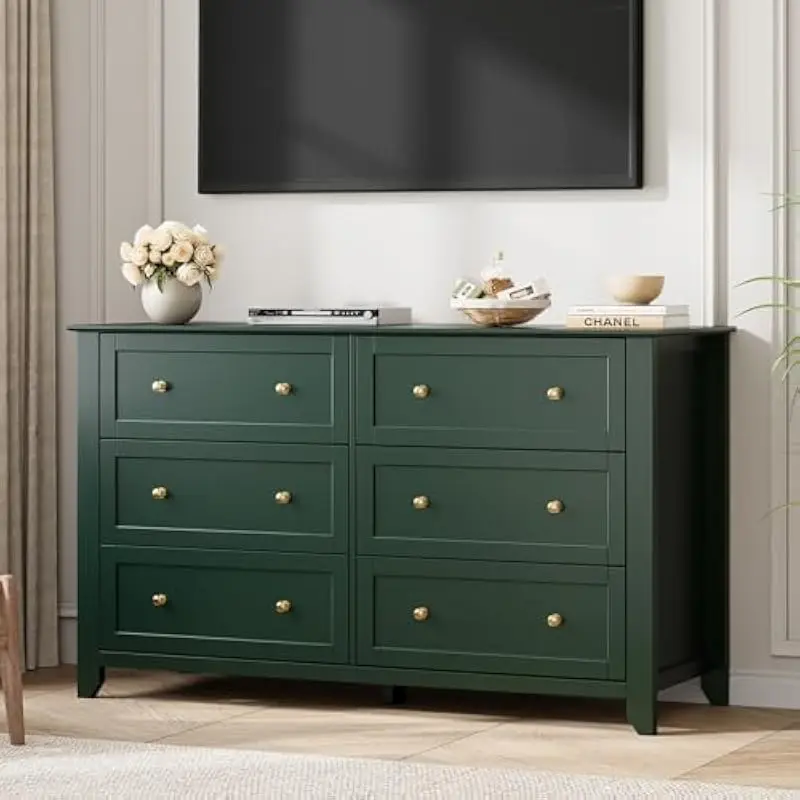 6-drawer lacquered wood dresser 54 inches wide x 15.7 deep x 31.5 high — bold green finish modern silhouette clean lines ample v