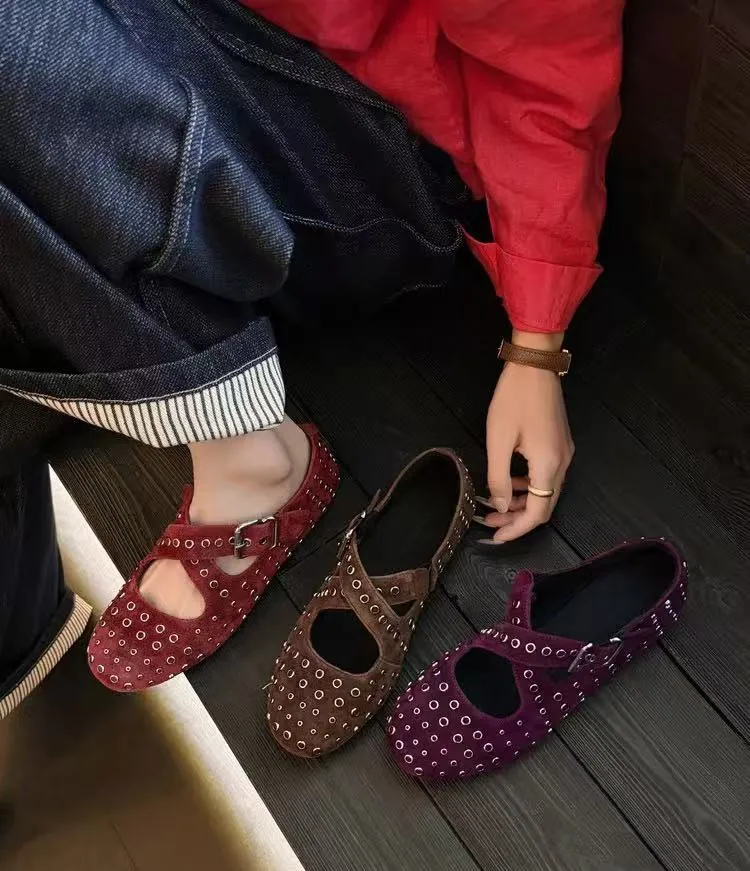 Designer Rivet Leather Mary Jane Shoes Women's Flat Bottom One Button Cross Ballet Shoes Retro Versatile Single Shoes