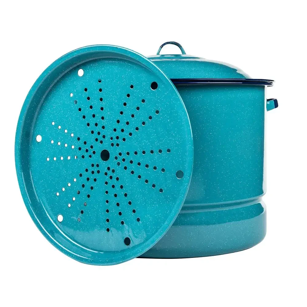 Enamel Steel Steamer Pot 34qt Tamales Seafood Veggies Pasta Strainer Nonstick Thermal Shock Resistant Odor-Free Easy to Clean